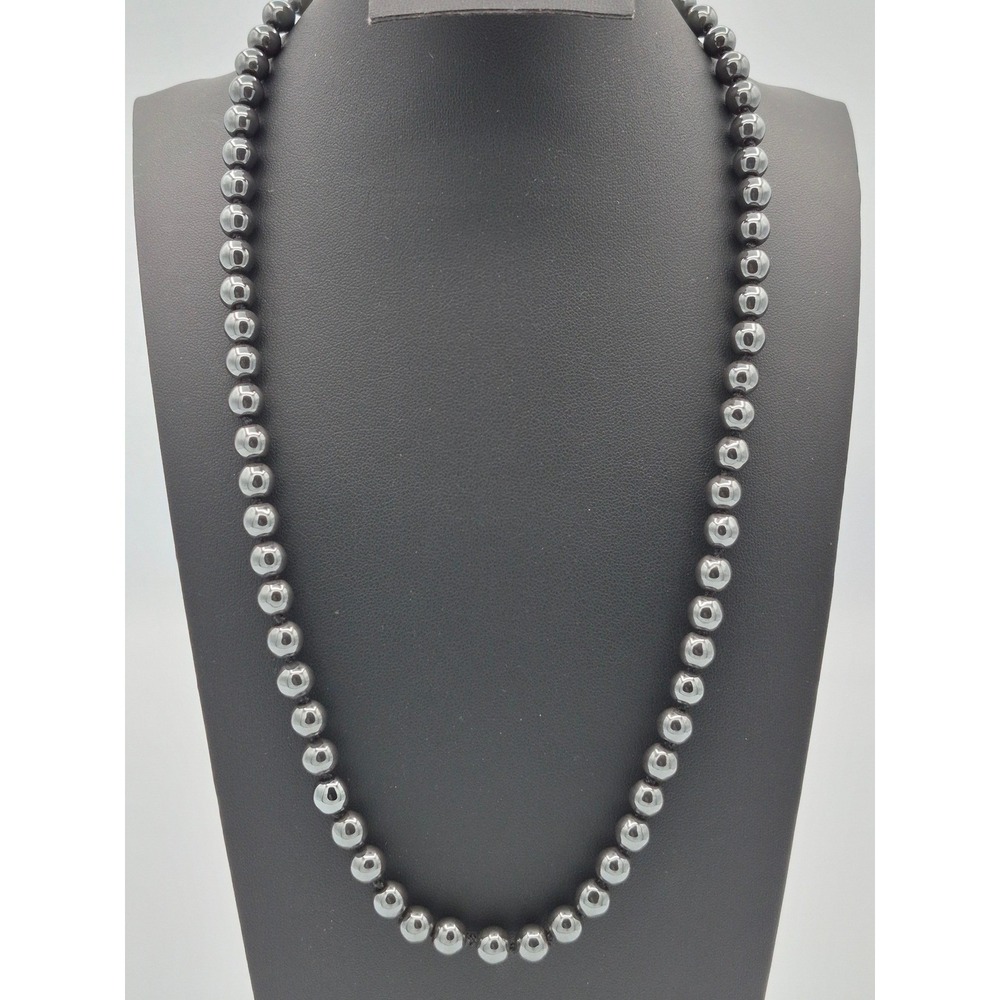 Hematite Bead Necklace Grey Knotted Round Stone Polished Metallic 21"